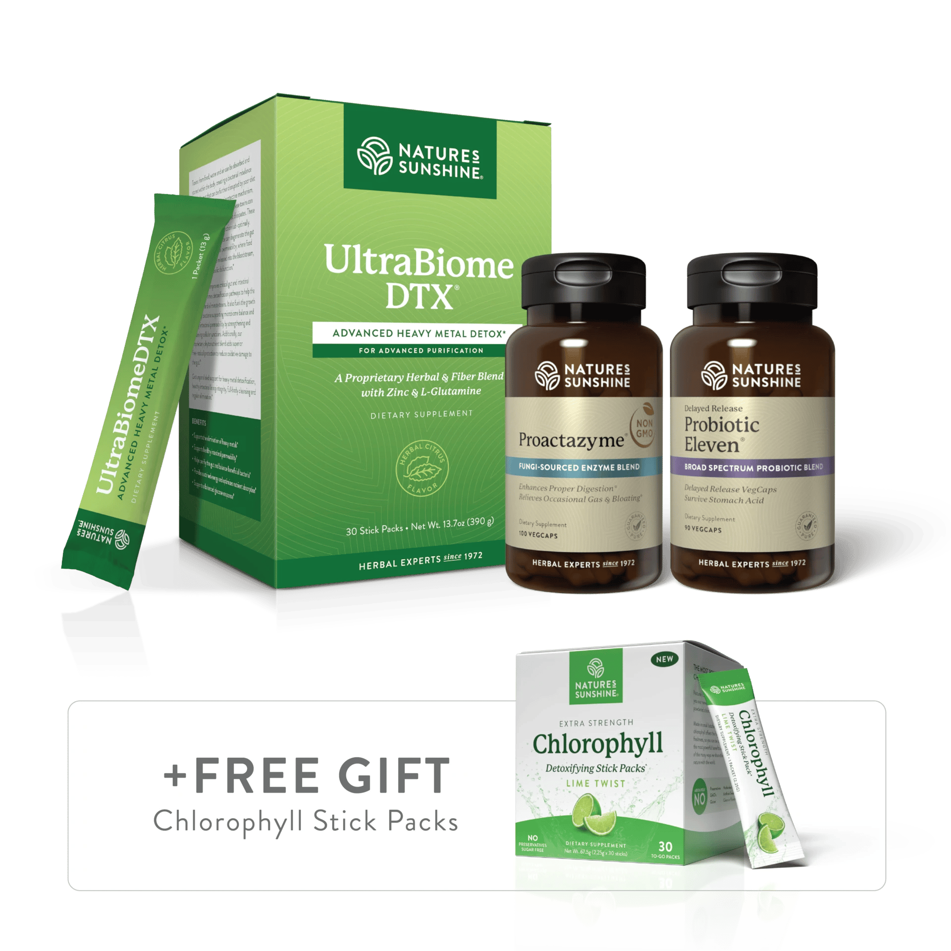 Colon Health Pack featuring UltraBiome DTX, Probiotic Eleven, Proactazyme, and a free Lime Chlorophyll.