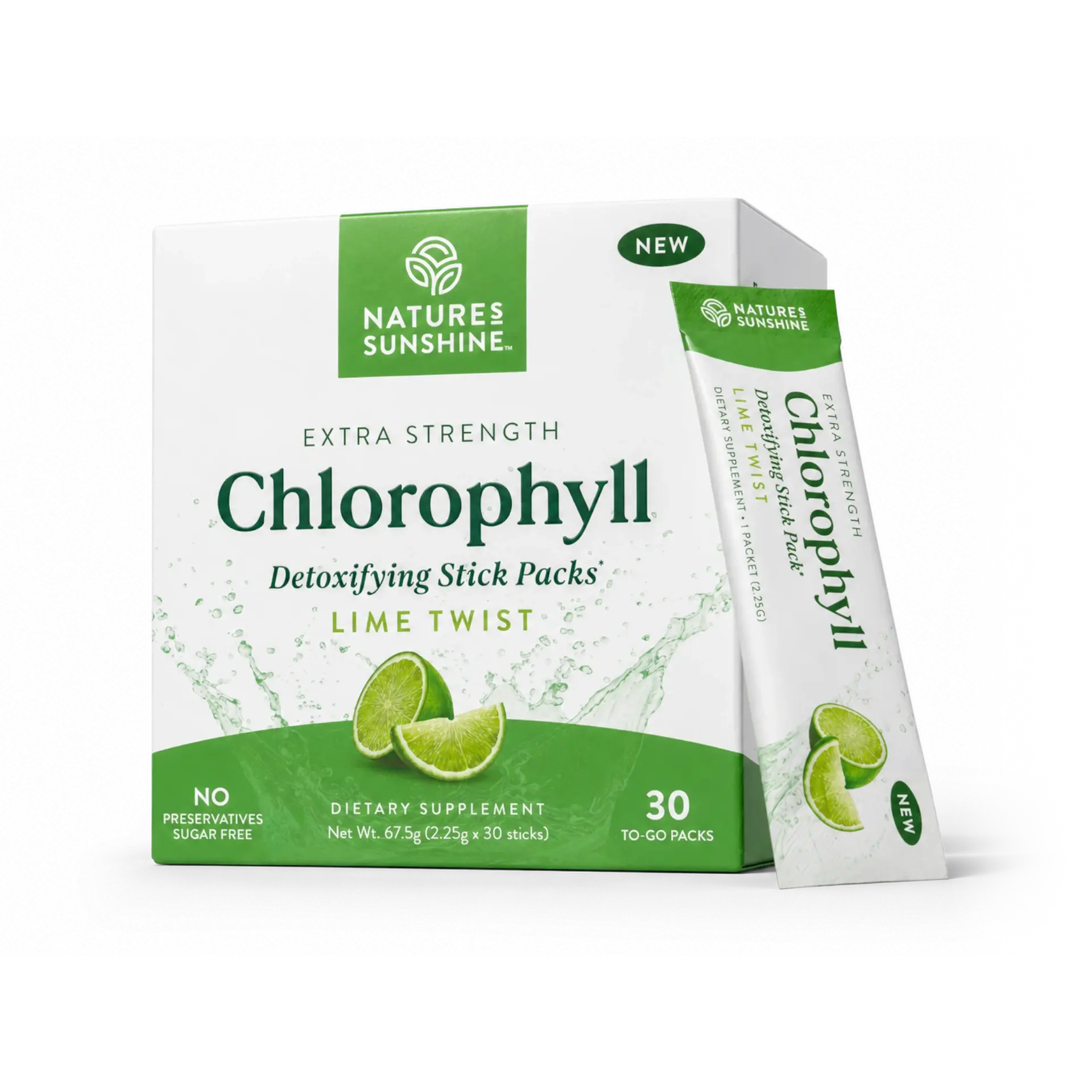 Nature's Sunshine chlorophyll powder detoxifying stick packs lime twist.