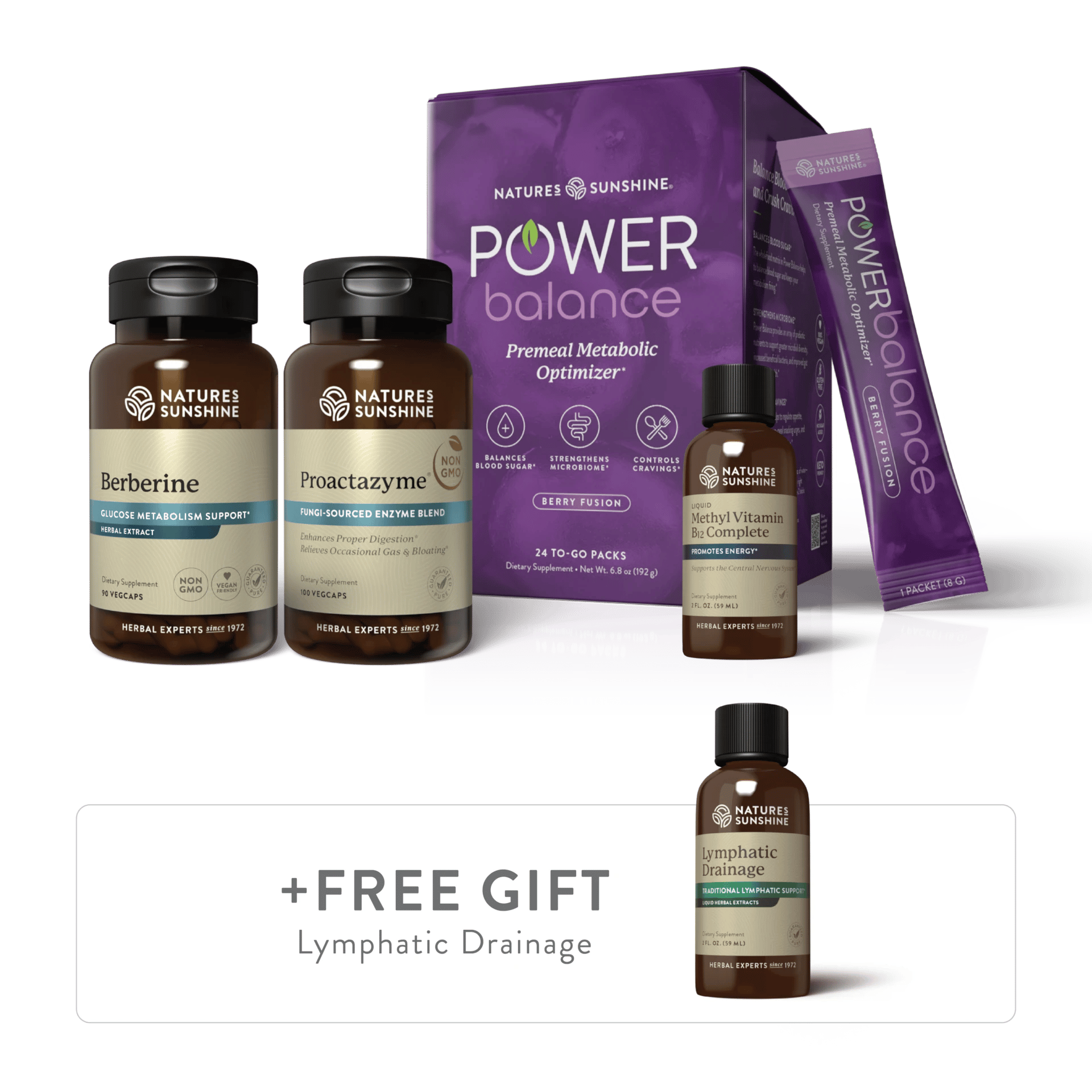K436 GLP-1 Support Pack featuring Power Balance, Berberine, Proactazyme, Methyl B 12, and a free Lymphatic Drainage.