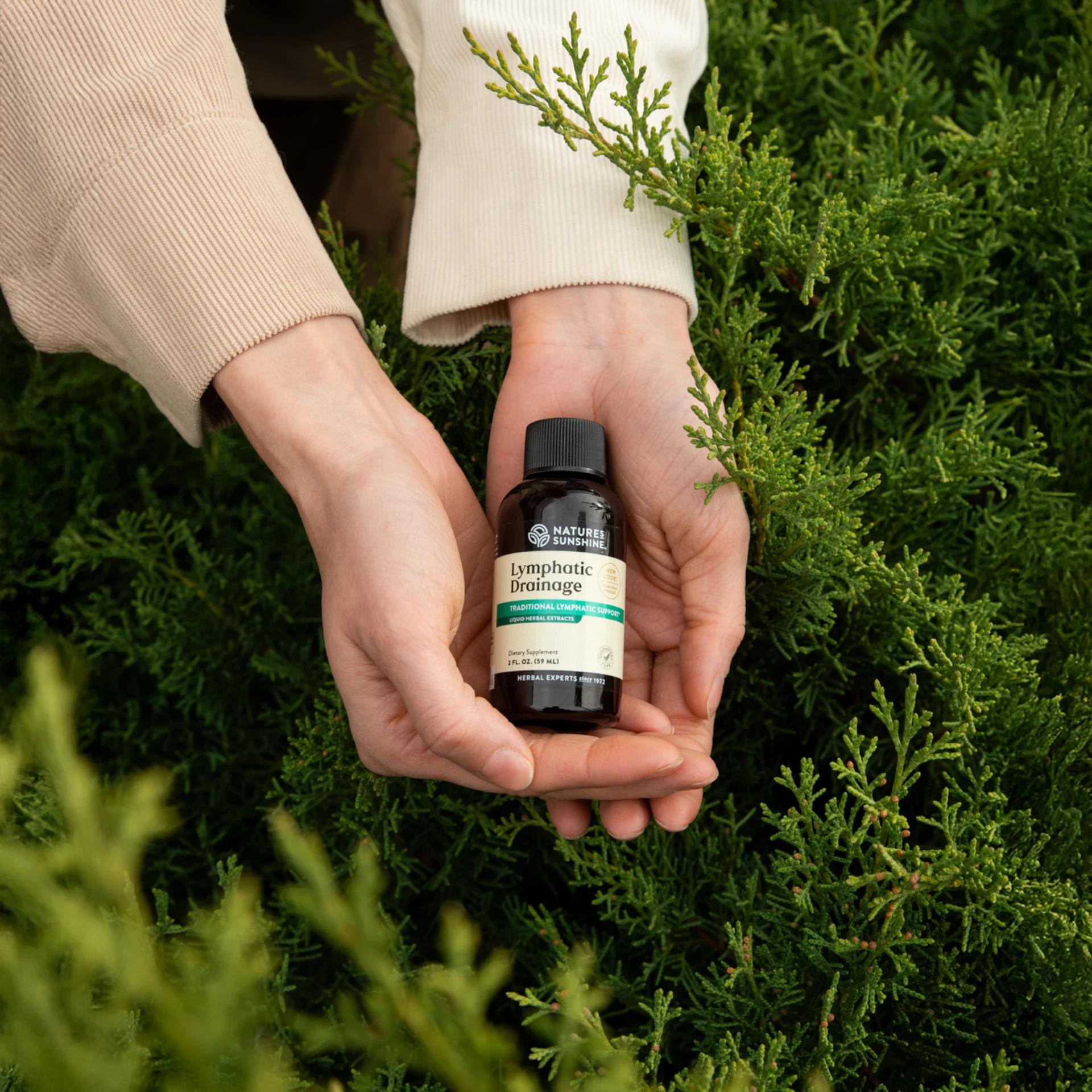 Hands holding a bottle of Lymphatic Drainage